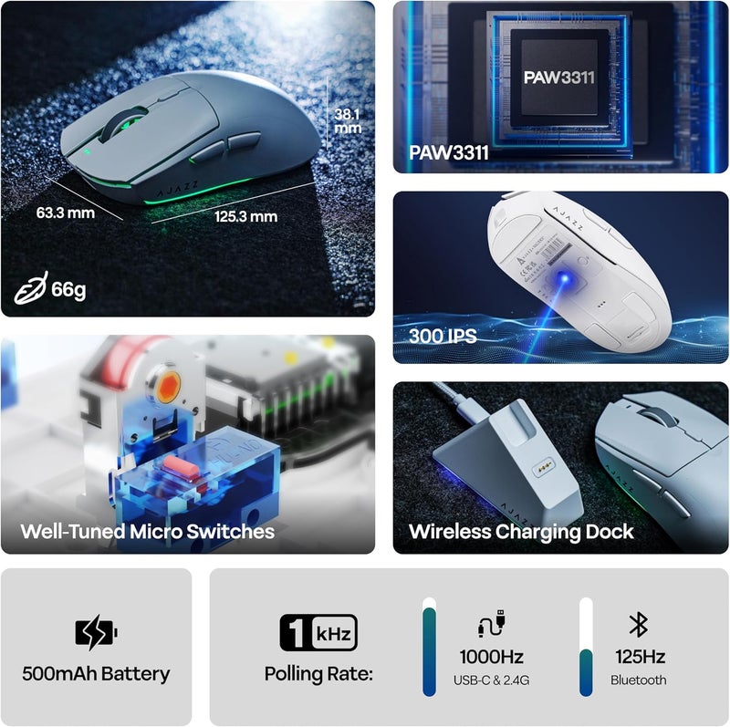MechLands AJAZZ AJ139 V2 MC Gaming Mouse with Charging Base, Adjustable 12,000 DPI, PAW3311 Sensor, 3 Modes Wireless Mouse, 500mAh Battery, 1000 Polling Rate, 66g Lightweight, Win/Mac (White) - Image 3